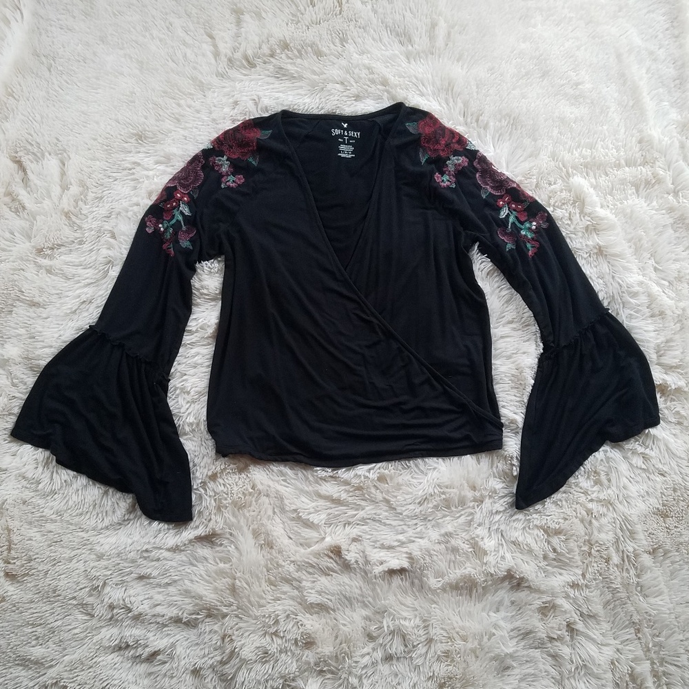 American Eagle Rose Embroidered Faux Wrap Top L